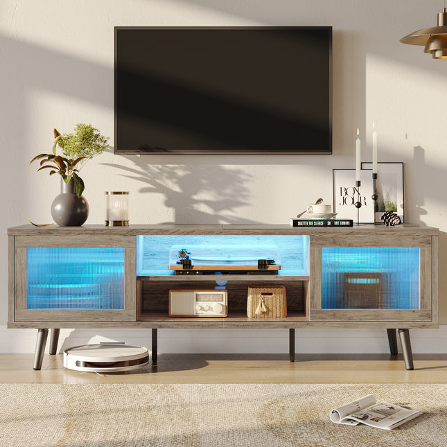 TV Stand for 75 Inch TV, 63” LED Entertainment Center with Sliding Acylic Doors, Mid Century Modern