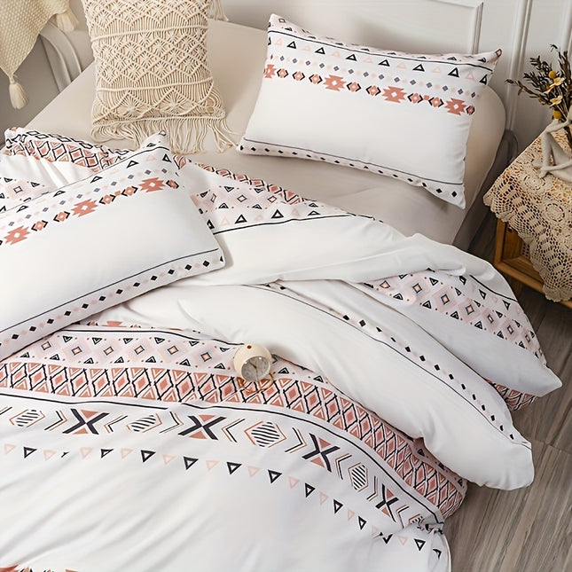 3pcs Geometric Diamond Pattern Bedding Set - Includes 1 Duvet Cover & 2 Pillowcases, Breathable Polyester, Machine Washable - Perfect for All Seasons
