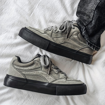 Men's Olive Green PU Low-Top Sneakers - Chunky Rubber Sole Skate Shoes, Lace-Up All-Season Casual