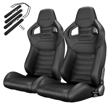 2PC Universal Racing Seats Stitch PVC Leather Reclinable Carbon Look Leather Black With Adjustor Slider(Not Including Seat Bracket ) 1 box of 1 pieces