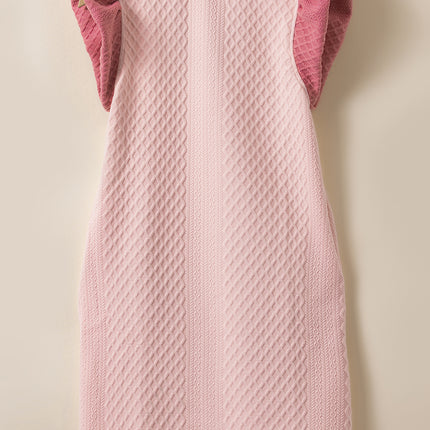 Light Pink Textured Puff Sleeve Ruffled V Neck Shift Mini Dress