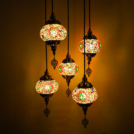 1pc Turkish-Moroccan Tile Pendant Ceiling Light, 5-Arm Shade, E27 Socket, Handcrafted Glass,