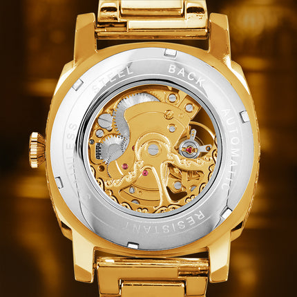 1pc Men's yellow steel strip business style versatile finely carved Roman fully automatic mechanical watch