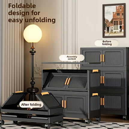 Modern Black Storage Cabinet with Transparent Doors & Golden Hinges - Heavy-Duty Plastic Multi(