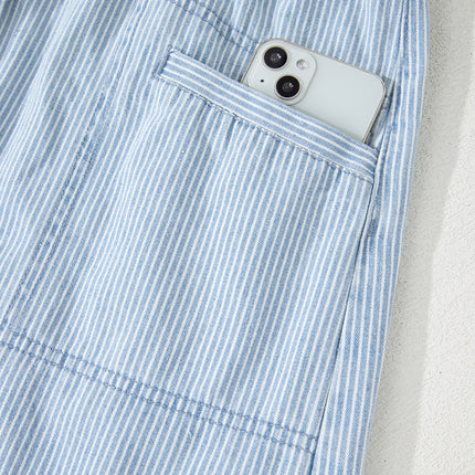 Sky Blue Stripe Collared Button Front Sleeveless Denim Mini Dress