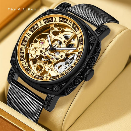 1pc Men's yellow black mesh belt college style niche fully automatic hollow tourbillon