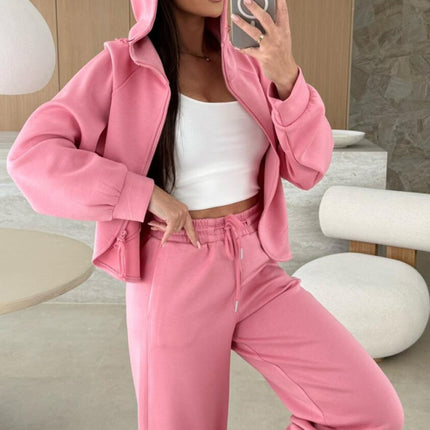Pink Solid Color Zip Up Hoodie Drawstring Loose Pants Set