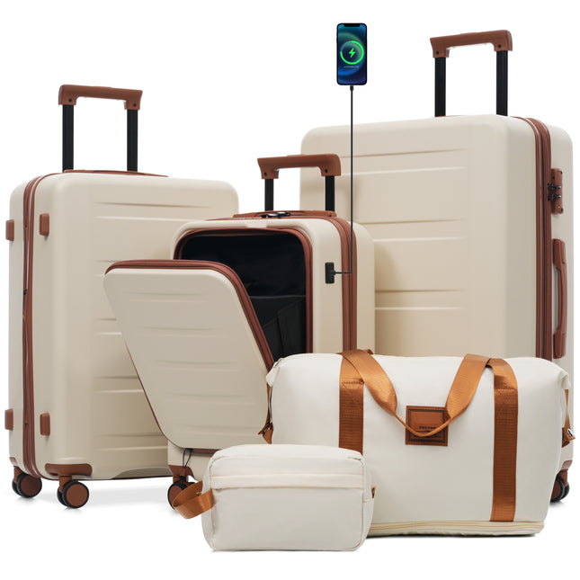 Luggage Sets 5 Piece with Front Opening, Hardside Expandable Carry On Suitcase Set with Double Spinner Wheel, Lightweight Travel Luggage with USB Port,TSA Locks(20'24'28')