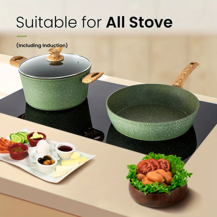 12/17/30 Pieces Induction Kitchen Cookware Set, Granite Coating Cooking Pans Set (Black, Green)