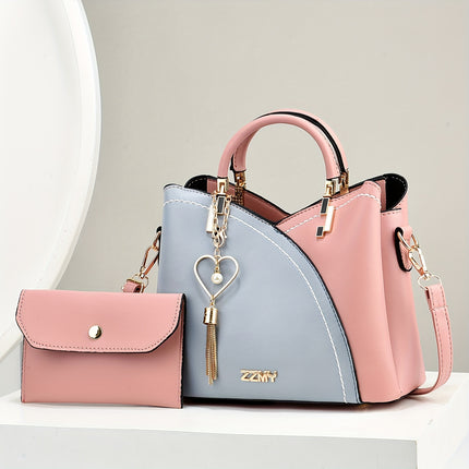 Women's Elegant Handbag And Crossbody Purse Combo - Fashion Colorblock Tote Bag