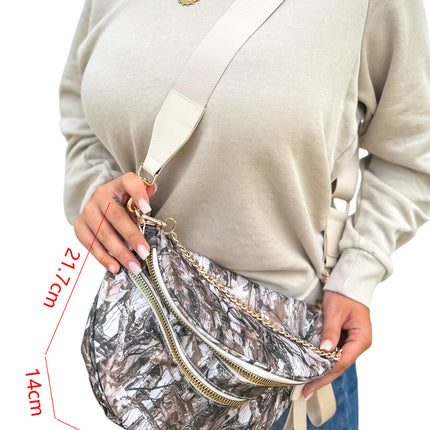 White Camouflage Print Double Zipper Crossbody Bag