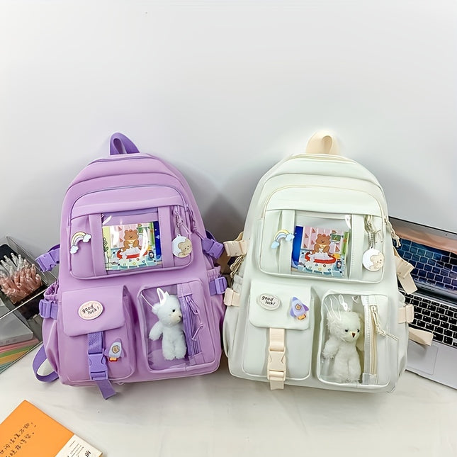 1pc Cute Fashion Backpack for Boys and Girls, Solid Color with Transparent Pockets, Adjustable Straps,