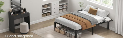 VASAGLE Double Bed Frame, Metal Bed Frame, with Bedside Shelves, Guest Bed Frame, for 190 x 140 cm Mattresses, Easy Assembly