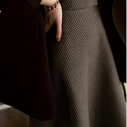 Women's New Houndstooth Checkered Midi Skirt, High-End Autumn Winter Tweed A-Line Umbrella Skirt