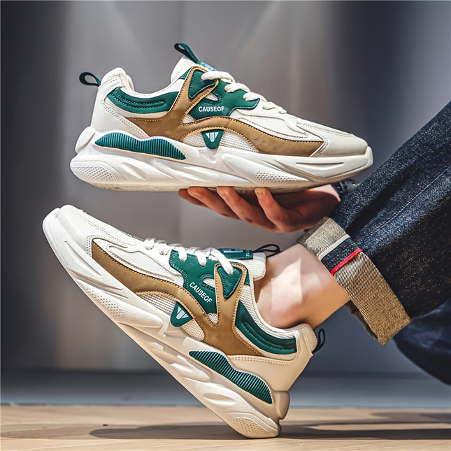 Men's Vintage Colour Block Chunky Shoes, Comfy Non Slip Durable Lace Up Soft Sole Sneakers