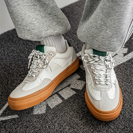 Men'S Retro Low-Top Sneakers - White & Green Accent Lace-Up Shoes with Golden-Tan Sole