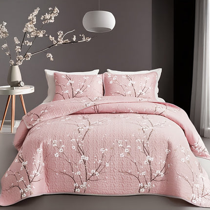 2/3pcs Multicolour Tree Branch Plum Blossom Quilted Quilt, 1pc Quilted Quilt+ 1/2pcs Pillowcases,