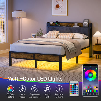 Bed Frame LED Metal Platform Bed with Storage Headboard And USB Charging Station,
