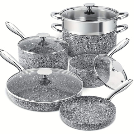 Stone Cookware Set 10 Piece, Ultra Nonstick Pots and Pans Set with Stone-Derived Coating for Kitchen, Granite - 10 Piece