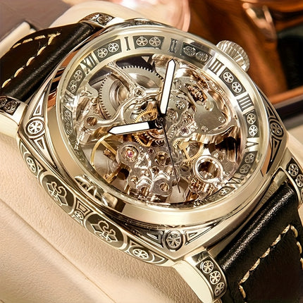1pc Teen Men'S Yellow Black PU Belt Retro Style Noble Carved Hollow Tourbillon Mechanical Watch,