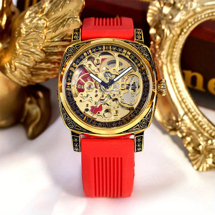 1pc Men's Vintage Mechanical Watch - Automatic winding, Roman Numerals, Golden-Tone case & Red Strap,