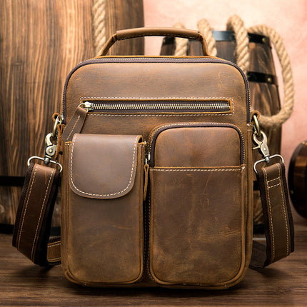 Cross-Border Source Leather Men's Bag Retro Solid Color Men's One-Shoulder Messenger Bag Top Layer Cowhide Crazy Horse Leather Men's Bag Wholesale