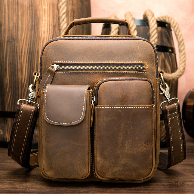 Cross-Border Source Leather Men's Bag Retro Solid Color Men's One-Shoulder Messenger Bag Top Layer Cowhide Crazy Horse Leather Men's Bag Wholesale