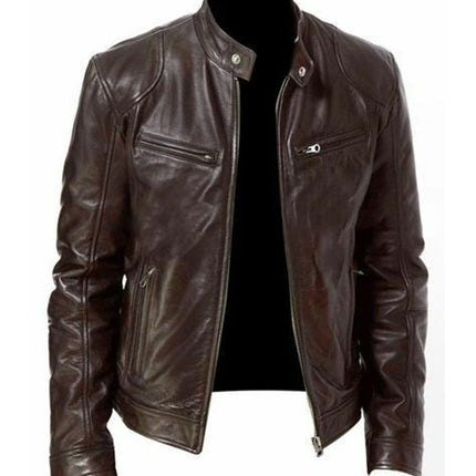 Gentleman's Warm Zipper Cardigan Pocket Decorated Pu Leather Coat