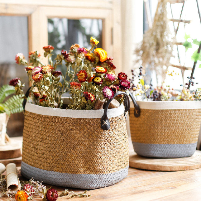 Handmade Seagrass Basket Painted Linen Edge Flower Pot PU Handle Braided Basket