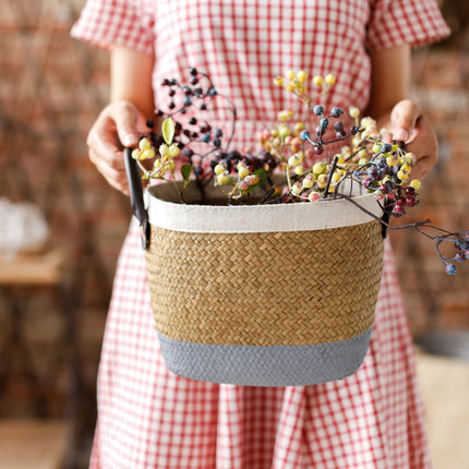 Handmade Seagrass Basket Painted Linen Edge Flower Pot PU Handle Braided Basket