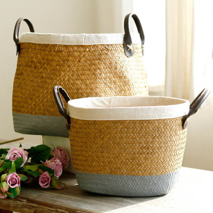 Handmade Seagrass Basket Painted Linen Edge Flower Pot PU Handle Braided Basket
