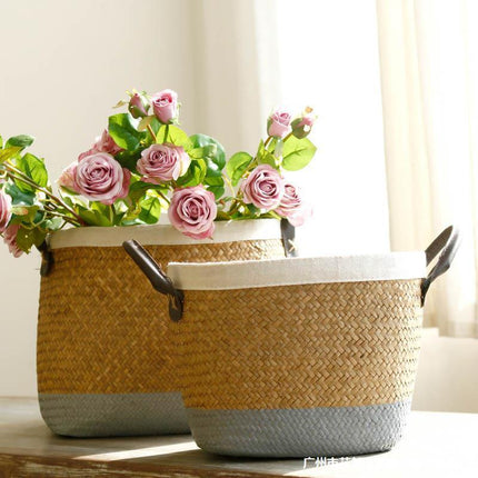 Handmade Seagrass Basket Painted Linen Edge Flower Pot PU Handle Braided Basket