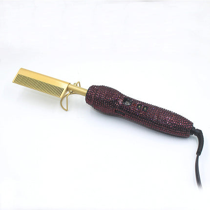 Hairdressing Comb Straight Curl Set With Glass Rhinestone Dual-Purpose Gold Diamond-Set Straight Hair Comb Hair Straightener