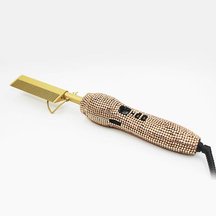 Hairdressing Comb Straight Curl Set With Glass Rhinestone Dual-Purpose Gold Diamond-Set Straight Hair Comb Hair Straightener