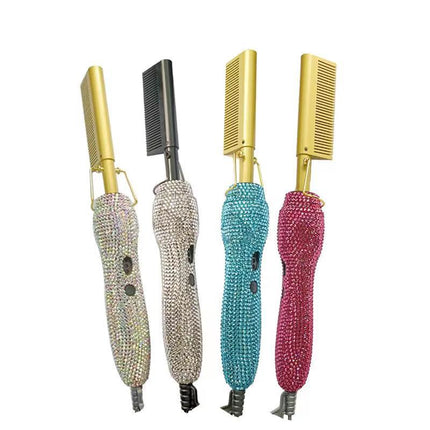Hairdressing Comb Straight Curl Set With Glass Rhinestone Dual-Purpose Gold Diamond-Set Straight Hair Comb Hair Straightener