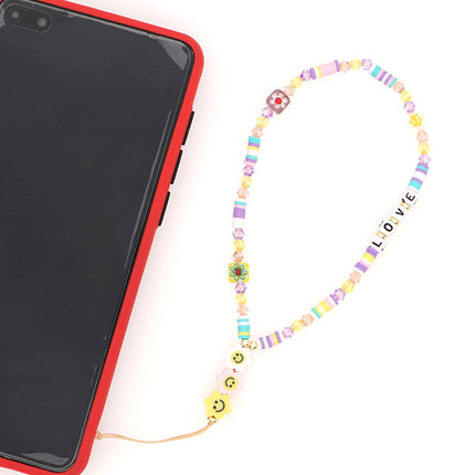 Bohemian Smiley Soft Ceramic Phone Chain Love Letter Crystal Beads Handmade Beaded Anti-Lost Mobile Phone Lanyard