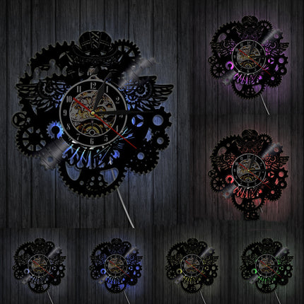 Vinyl Record Wall Clock LED Light Steampunk Owl Creative Retro Nostalgic Wall Clock Wall Clock