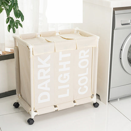 Three-compartment Laundry Storage Basket With Pulleys, Moisture-proof Folding Dirty Clothes Lou