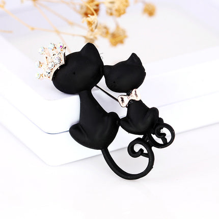 Crown size black cat brooch