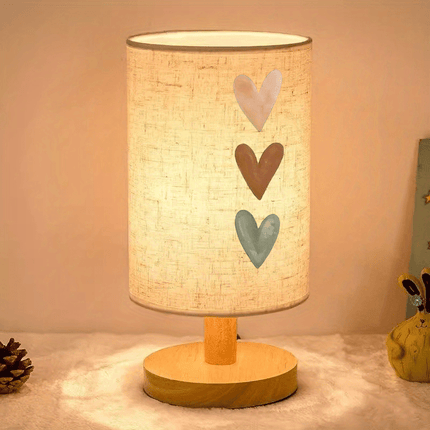 Three Heart Print Ambient Bedside Lamp, Wood Tone Table Lamp with Fabric Shade for Bedroom