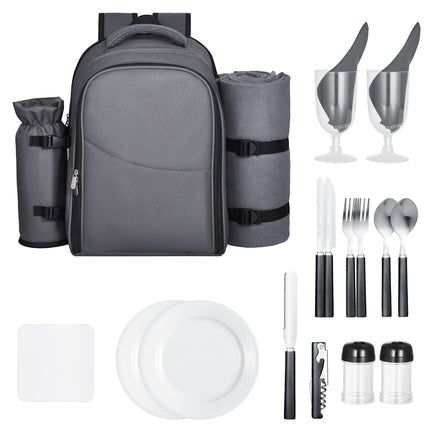 Beach Picnic Backpack Bag for 2 Person with Cooler Compartment Grey