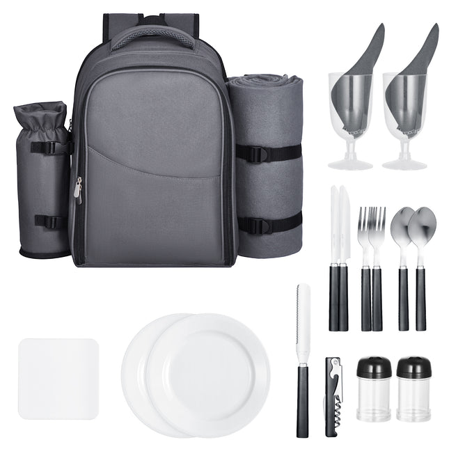 Beach Picnic Backpack Bag for 2 Person with Cooler Compartment Grey