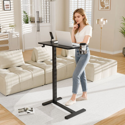 Adjustable Bedside Table Office Table, Pneumatic Computer Workstation With 4-Wheel Rolling