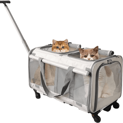 Double Compartment Detachable Travel Carrier for 2 Cats & Puppies - Spacious Pet Trolley with Ventilated Mesh & Removable Lining, Durable Wheels & Ergonomic Handle for Airplane Travel, Vet Visits, Road Trips