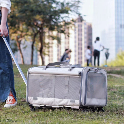Double Compartment Detachable Travel Carrier for 2 Cats & Puppies - Spacious Pet Trolley with Ventilated Mesh & Removable Lining, Durable Wheels & Ergonomic Handle for Airplane Travel, Vet Visits, Road Trips