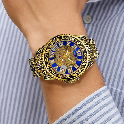 1pc Men'S Black Blue Steel Strip Retro Style Noble Ancient Roman Gear Carving Tourbillon Mechanical Watch