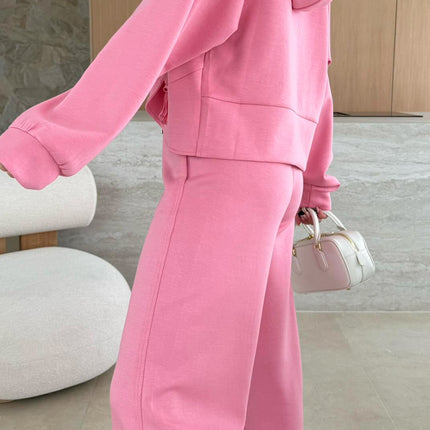 Pink Solid Color Zip Up Hoodie Drawstring Loose Pants Set