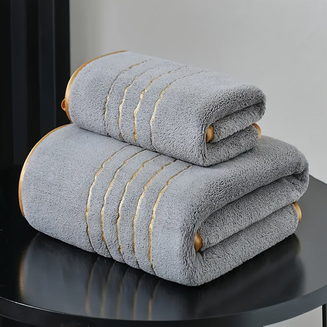 2pcs Modern Striped Coral Fleece Bath Towel and Hand Towel Set, Highly Absorbent