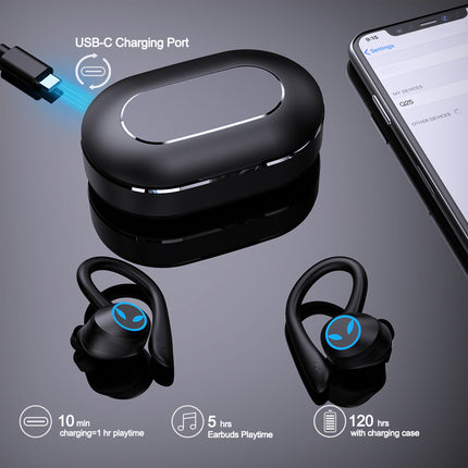 Waterproof Sport Headphones with Earhook, Touch Control, and Charging Case for Phone