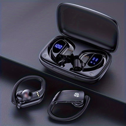 Stereo Surround Headphones with LED Display, Noise Cancelling, Over-Ear Buds with Earhooks, Built-in Mic for Workout